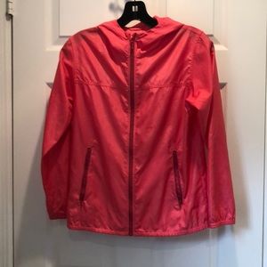 Lightweight pink hooded rain jacket